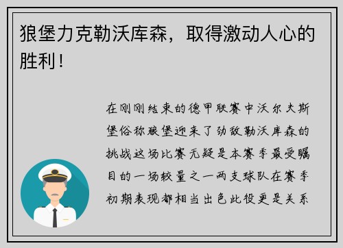 狼堡力克勒沃库森，取得激动人心的胜利！
